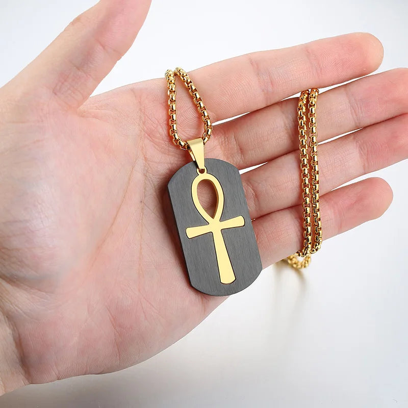 Removable Ankh Cross Necklace for Men Gold Color Stainless Steel Cut Out Crux Ansata Key To Life Egypt Pendant Box Chain  (GoldenCity)