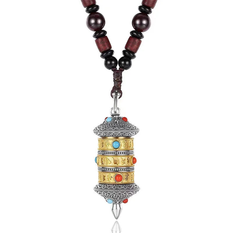 Vintage Prayer Wheel The Six Character Great Bright Mantra Mezuzah Pendant For Men Jewelry Trendy Amulet Necklace Women Gift  (GoldenCity)