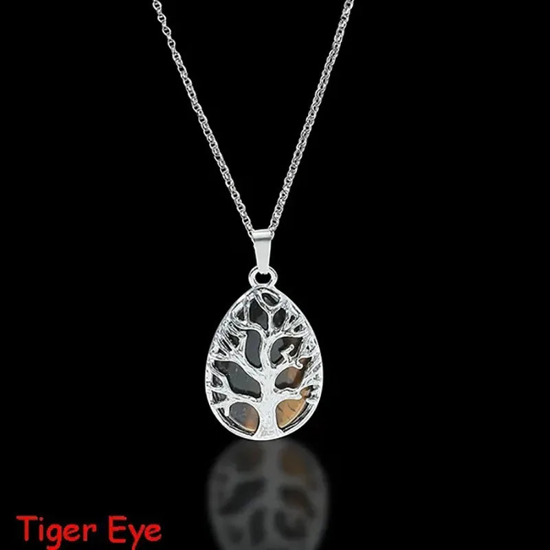 Tree of Life Natural Gemtone Crystal Amethyst Rose Quartz Tiger Eye Stone Water Drop Pendant Necklace for Women Men Jewelry  (GoldenCity)