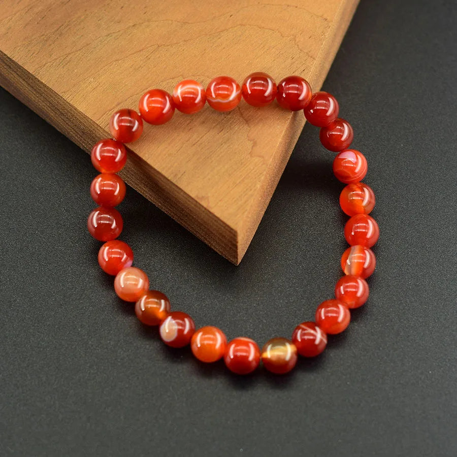 Natural Red Stripes Agate Bead Bracelet Women Men Genuine Red Carnelian Round Agate Jewelry Enhance Mobility Elastic Wristband  (GoldenCity)
