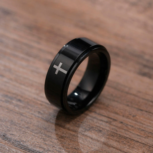 Stylish Mens Spinner Cross Ring, Gold Color Stainless Steel Rotatable Stress Release Finger Band, Christ Jesus Jewelry  (GoldenCity)