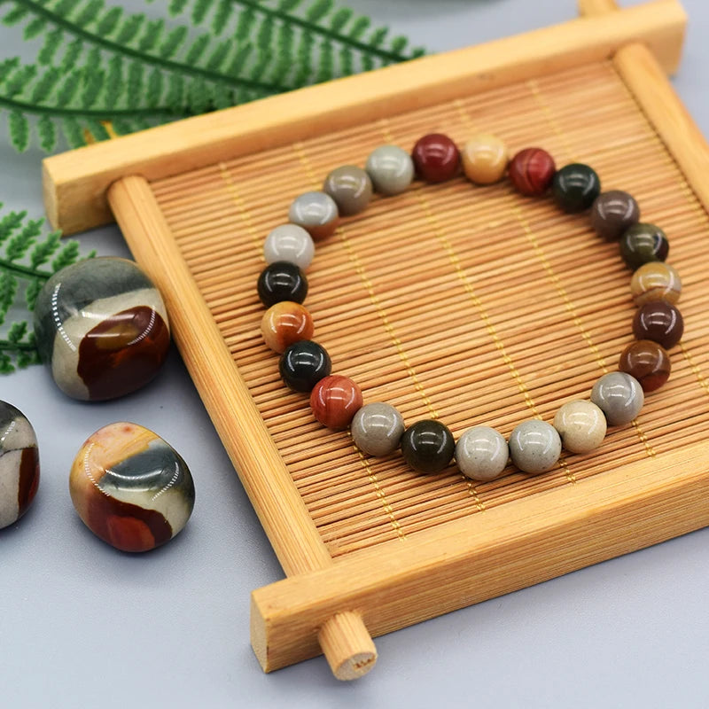 Natural American Picture Stone Bead Bracelet Women Men Amethysts Crystal Quartzs Aquamarines Jades Jewelry Agates Elastic Bangle  (GoldenCity)
