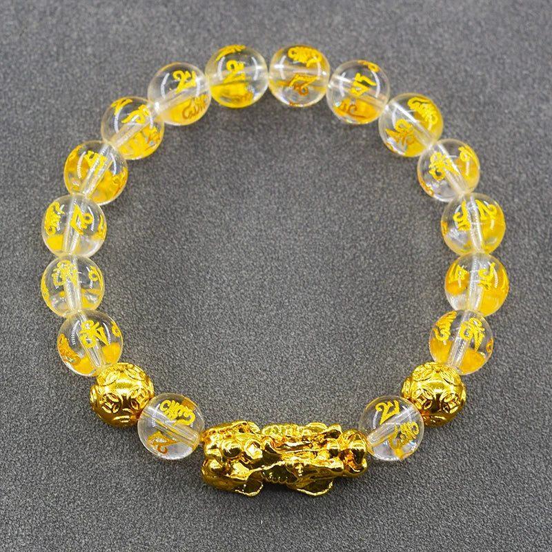 Pixiu Bracelet Feng Shui Wealth and Good Luck Bracelet Homme Wristband Gold Color Obisidian Stone Beads Black Six Character Gift  (GoldenCity)