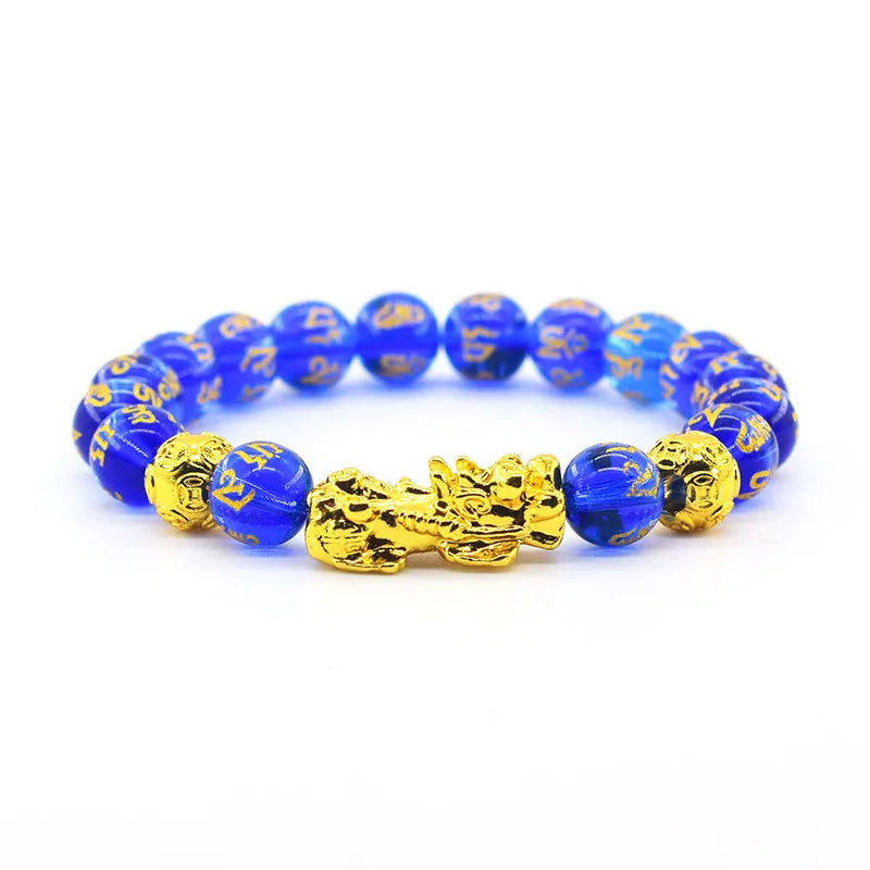 Pixiu Bracelet Feng Shui Wealth and Good Luck Bracelet Homme Wristband Gold Color Obisidian Stone Beads Black Six Character Gift  (GoldenCity)