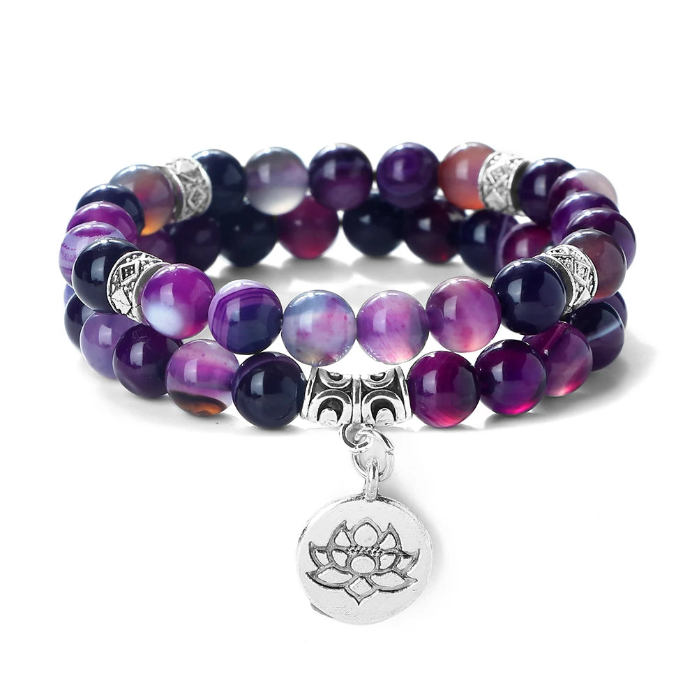 2Pcs/Set Natural Black Striped Pine Stone Bracelets Lava Bead Wristband Lotus Pendant  A Zen-inspired Healing For  Men And Women  (GoldenCity)