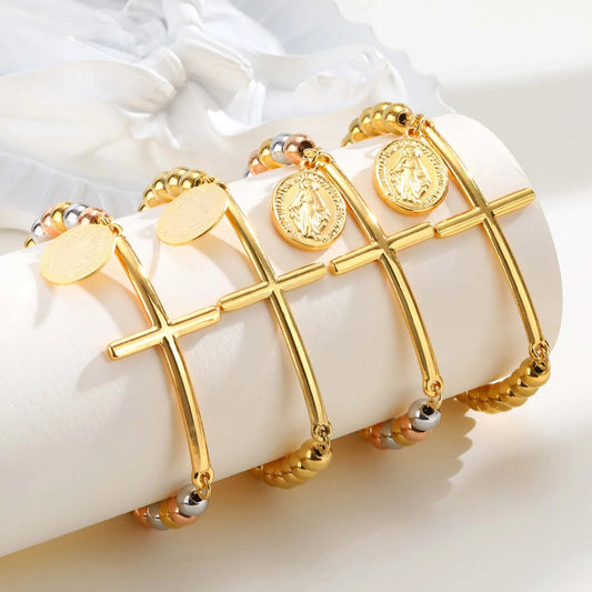 Virgin Mary St. Benedict Cross Bracelet For Women, Stainless Steel Gold Color Beaded Chain Bracelets, Christ Prayer Jewelry  (GoldenCity)