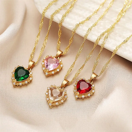 Heart Copper Necklace Fashion Jewelry White Sapphire Artificial Zircon Chain Necklaces for Women Jewelry Necklace Vintage Women  (GoldenCity)