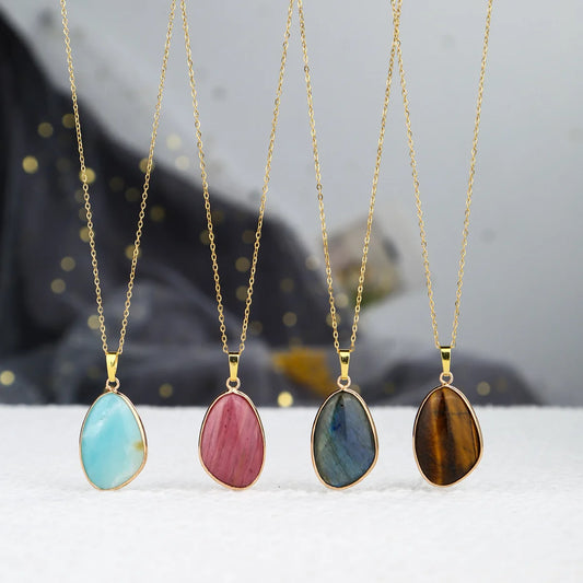 1pc Natural Stone Irregular Pendant Necklace Pink Crystal Amethyst Tiger Eye Necklace Pendant for Women Couple Jewelry Gift  (GoldenCity)