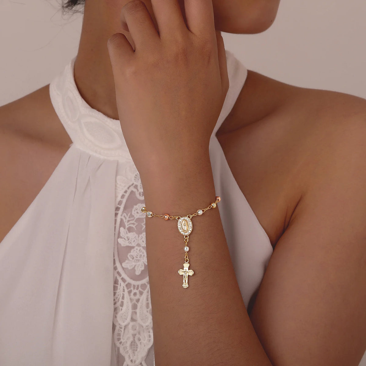 Catholic Cross Rosary Bracelets For Women,virgin Mary Charm Finger Baptism Rosaries Bracelet For Baptism Favors Christening  (GoldenCity)