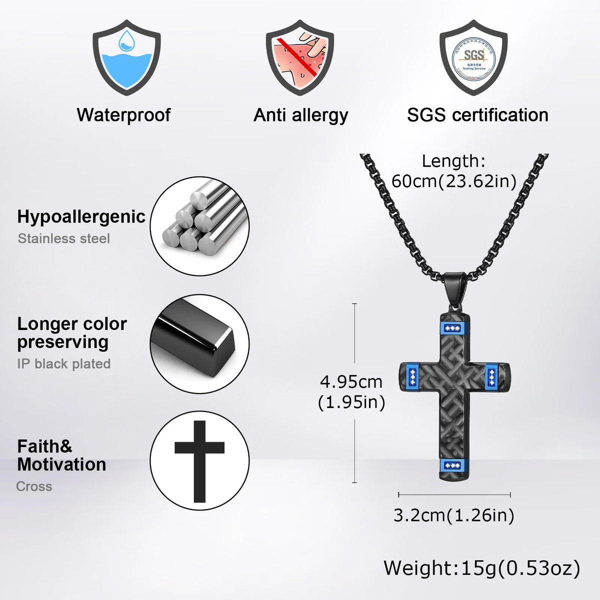 High End Cross Pendant Necklaces for Men Husband Granpda Gift, Two Tones Black Blue Silver Color Thick Cross Necklace  (GoldenCity)