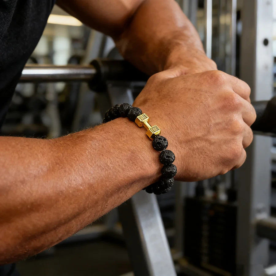 Natural Volcanic Stone Bracelet Men Matte Black Lava Obsidian Beads Charm Dumbbell Strand Bracelet Women Barbell Fitness Jewelry  (GoldenCity)