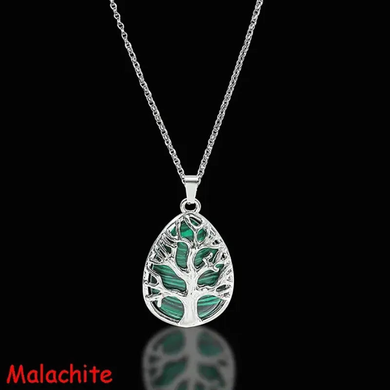 Tree of Life Natural Gemtone Crystal Amethyst Rose Quartz Tiger Eye Stone Water Drop Pendant Necklace for Women Men Jewelry  (GoldenCity)