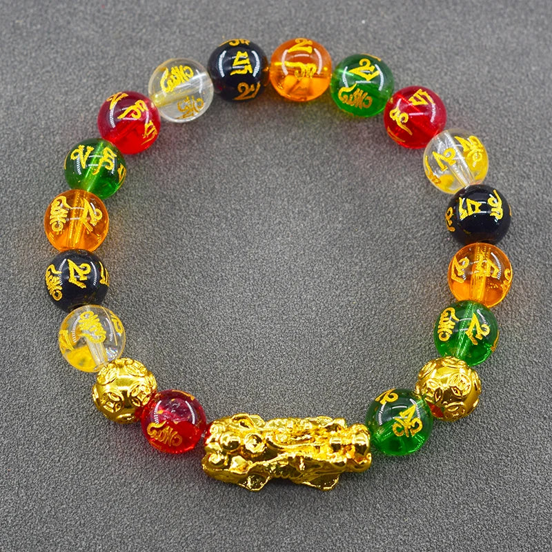 Pixiu Bracelet Feng Shui Wealth and Good Luck Bracelet Homme Wristband Gold Color Obisidian Stone Beads Black Six Character Gift  (GoldenCity)