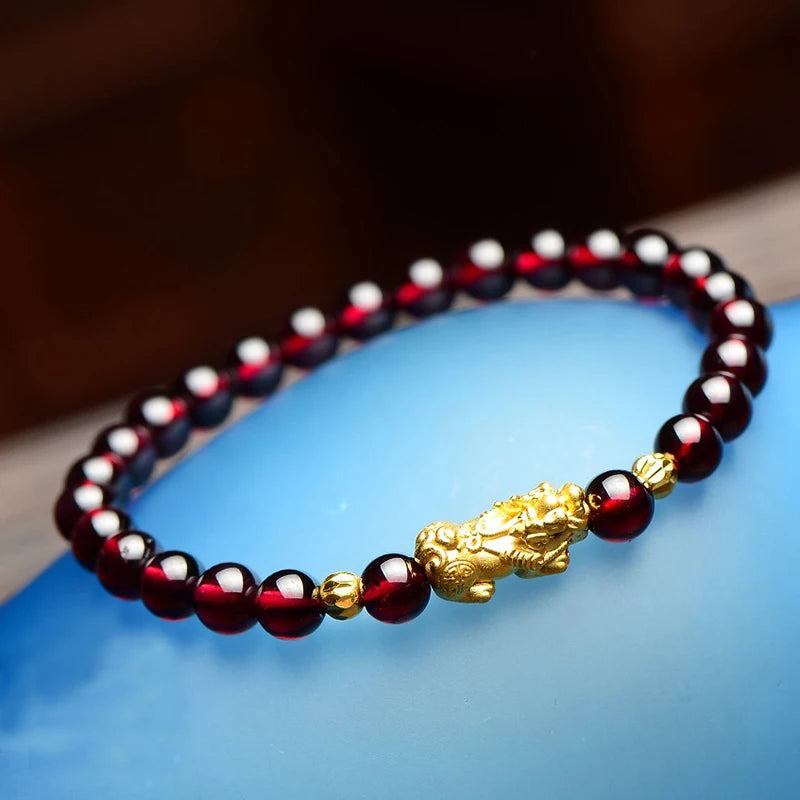 Feng Shui Obsidian Stone Beads Bracelet Men Women Wristband Gold Color Wealth and Good Luck Six Character Proverbs Bracelet  (GoldenCity)