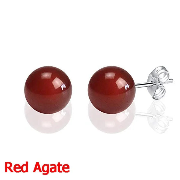 Fashion Simple Classic Natural Stone Opal Crystal Amethyst Aventurine Ball Round Bead Silver Stud Earring for Women Jewelry Gift  (GoldenCity)