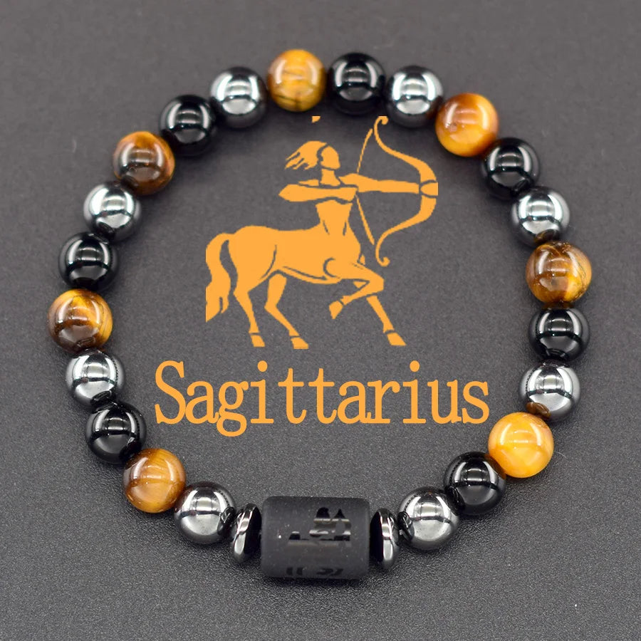 12 Zodiac Sign Bracelet Homme Constellation Bangle Natural Yellow Tiger Eye Stone Hematite Cancer Virgo Leo Libra Bracelet Women  (GoldenCity)