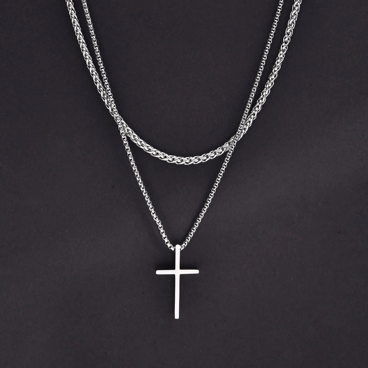 Mens Cross Necklaces, Stainless Steel Layered Plain Cross Pendant, Rope Box Chain Necklace, Simple Prayer Jesus Collar  (GoldenCity)