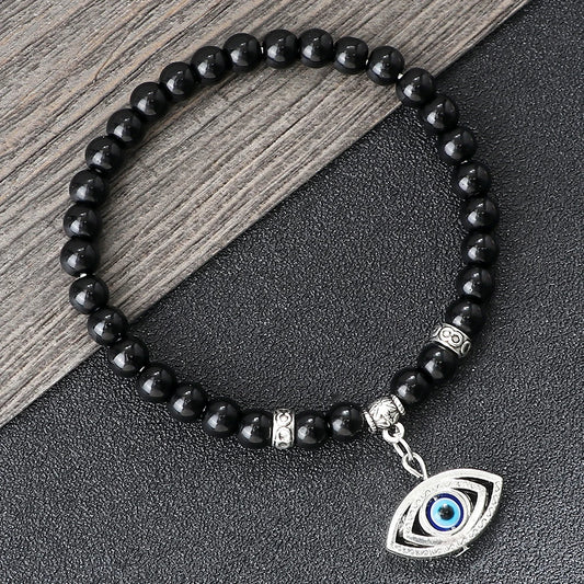 New 6MM Black Polish Beaded Bracelet Lucky Turkish Evil Eye Alloy Pendant Couple Bracelet&Bangles Chain Jewelry Gift for Friend  (GoldenCity)