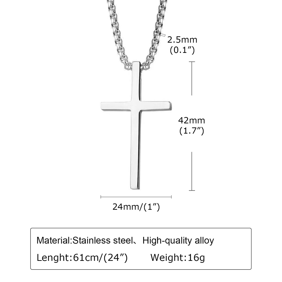 Cross Necklace for Men Women, Silver Color Plain Alloy Metal Cross Pendant Collar with Stainless Steel Box Chain  (GoldenCity)