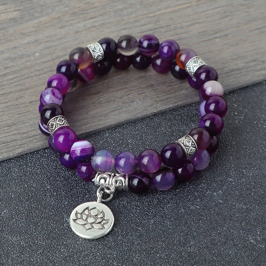 2Pcs/Set Natural Black Striped Pine Stone Bracelets Lava Bead Wristband Lotus Pendant  A Zen-inspired Healing For  Men And Women  (GoldenCity)
