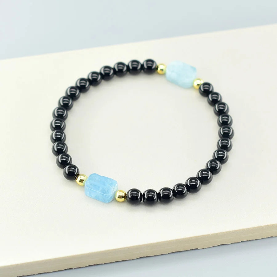 8*12MM Natural Stone Flat Rectangle Aquamarine Bracelet for Women Men Natural Crystal Purfy the Soul Jewelry Gift for Girfriend  (GoldenCity)