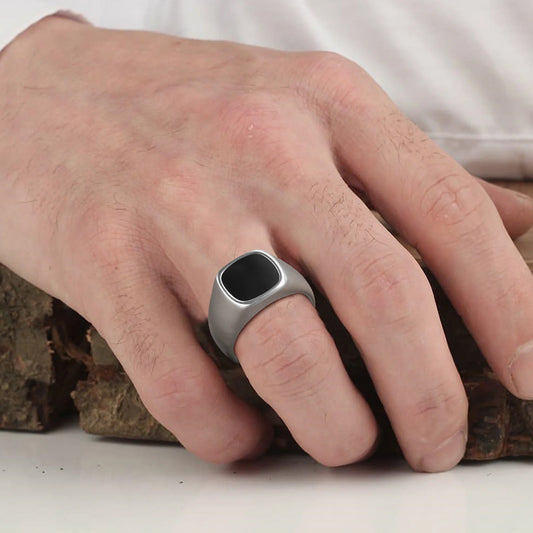 12.5mm Signet Ring for Men, Black Square Top Stainless Steel Finger Band, Gothic Punk Rock Boy Stamp Rings  (GoldenCity)