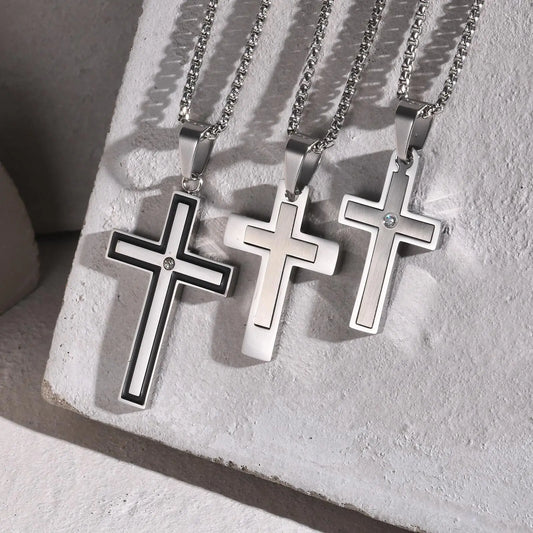Unisex Stainless Steel Cross Pendants Neckalces, Zircon Center Inlayed Christ Cross Collar for Men Women Faith Jewelry  (GoldenCity)