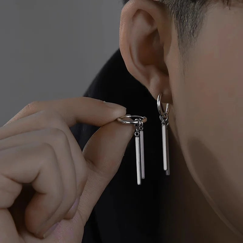 Trendy Men Earrings Minimalist Long Strip Double Stick 925 Sterling Silver Ear Buckle Male Cool Personality Dropping Earrings  (GoldenCity)