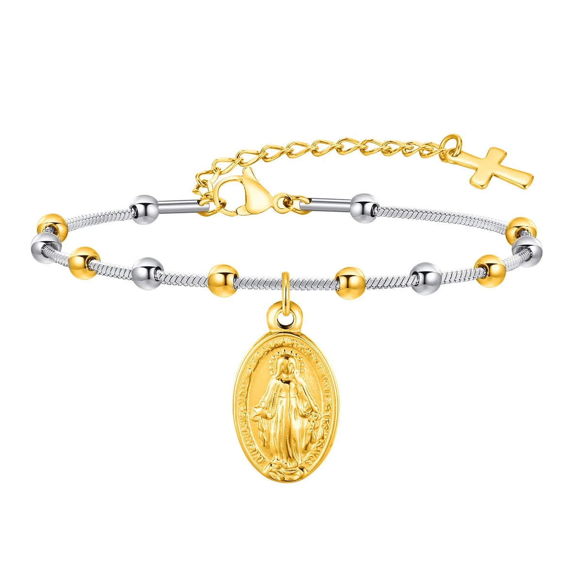 Double Sides Women Rosary Bracelets,Gold Plated Stainless Steel Religious Prayer Charm Bracelet,Cross Virgin Mary Bracelets  (GoldenCity)