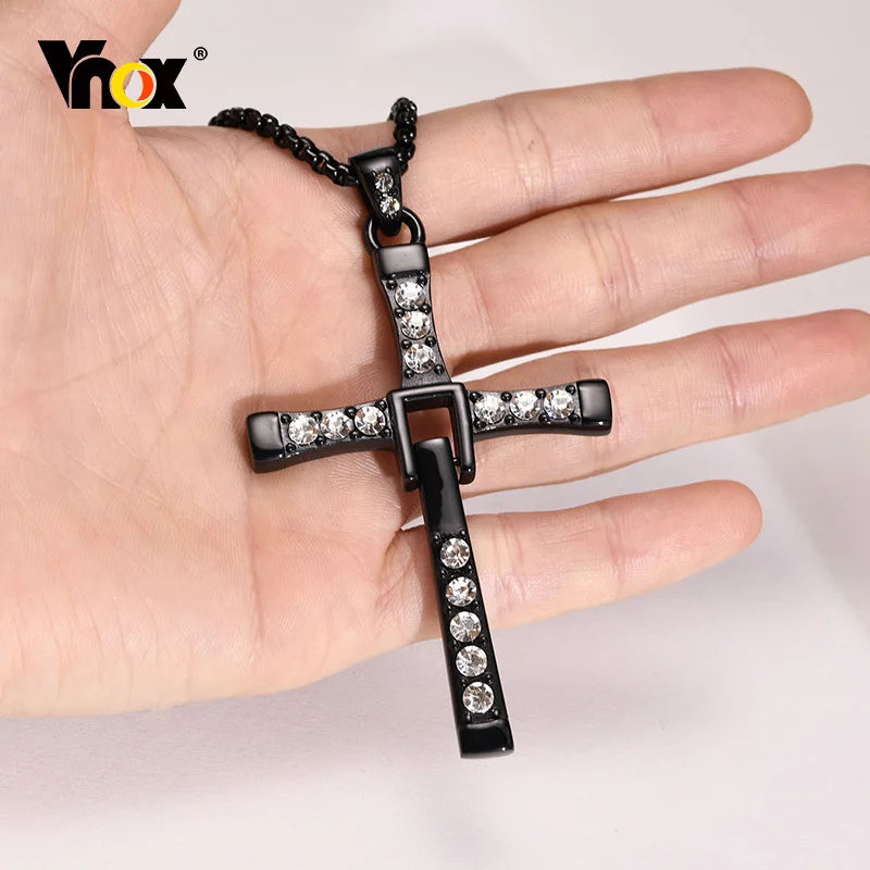 Big Cross Necklace for Men, Flexible Arm, Full Stone Prayer Cross Pendant with Box Chain, Punk Rock Gothic Collar  (GoldenCity)