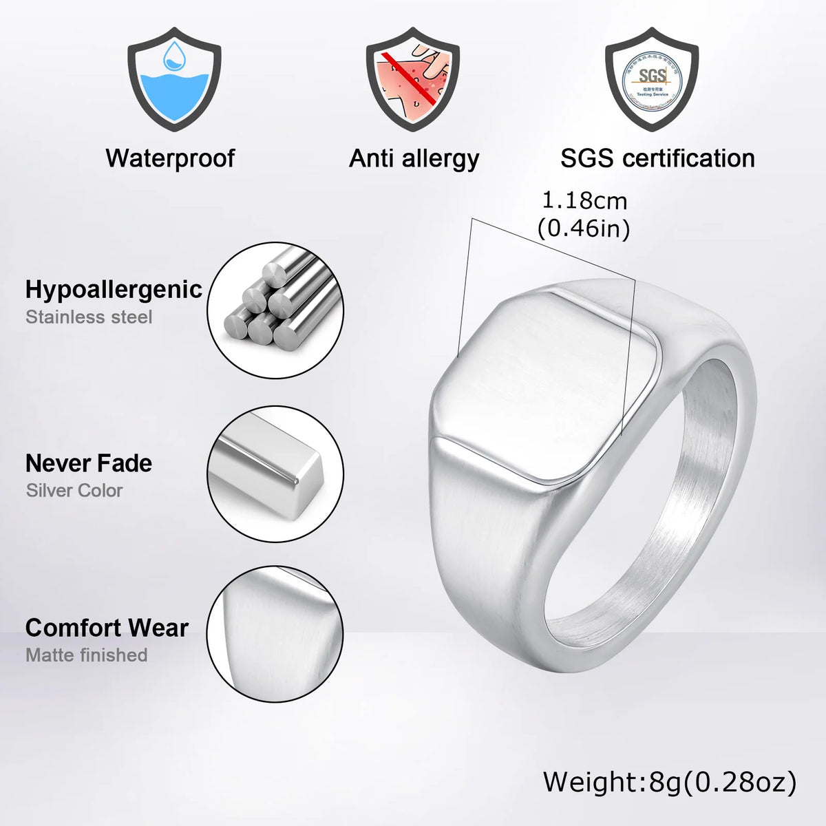 Brushed Square Signet Ring, Stainless Steel 11.8mm Wide Band for Men, Size 7-12 Chunky Finger Ring Anniversary Gift for Him  (GoldenCity)