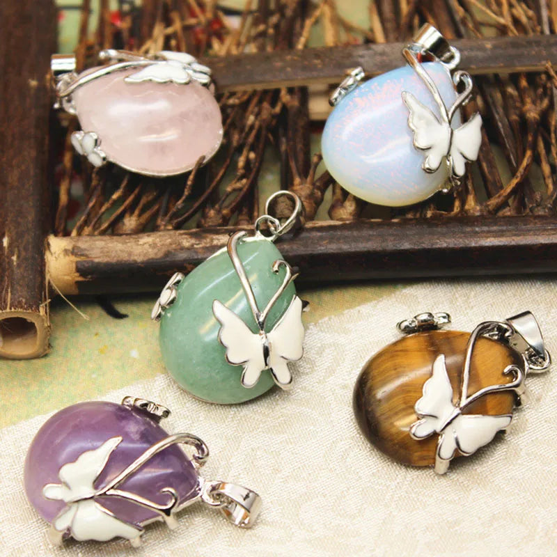 Vintage Wire Wrap Butterfly Gemstone Rose Quartz Amethyst Opalite Healing Crystal Pendant Necklace  (GoldenCity)