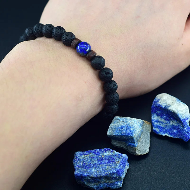 Real 5A Natural Lapis Lazuli Stone Beads Bracelet Homme Volcanic Lava Elastic High Quality Energy Healing Jewelry for Women Gift  (GoldenCity)