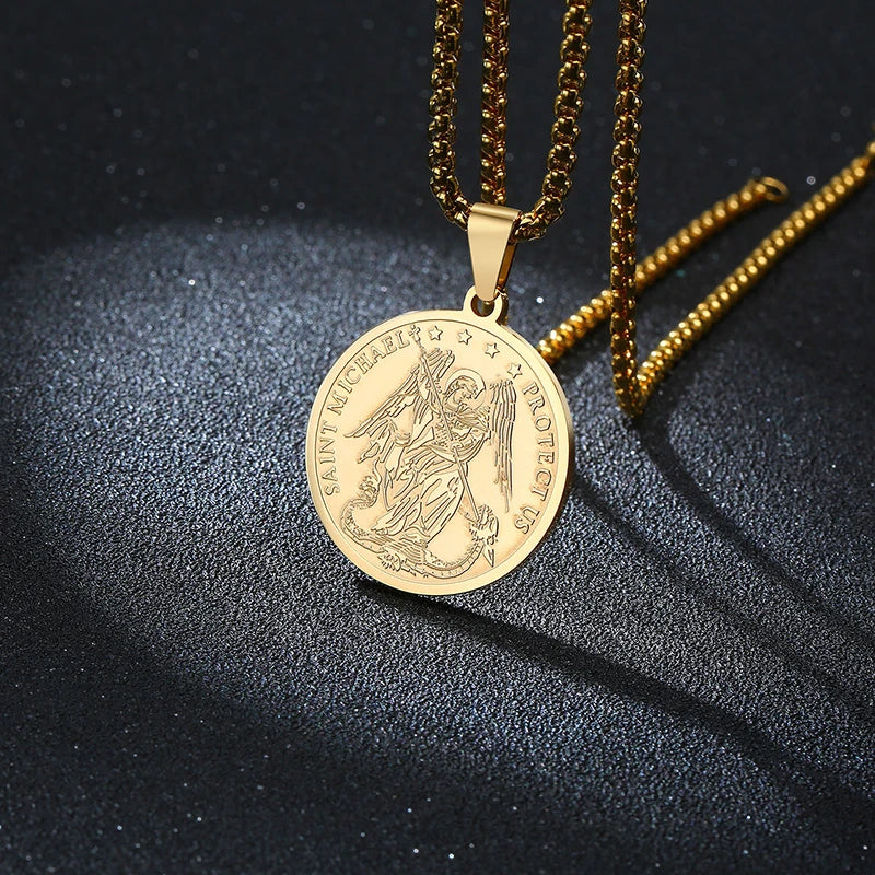 Retro Saint Michael Necklaces for Men Stainless Steel Commander one of the Chief Princes Pendants Male Jewelry  (GoldenCity)