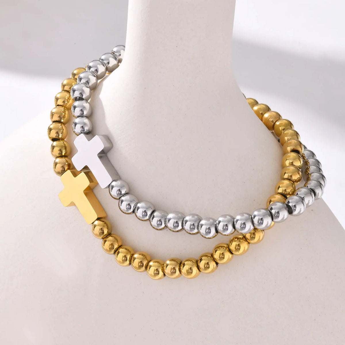 Women Cross Bracelets, Gold Plated Stainless Steel Beads Beaded Bracelets, Fashion Stackable Wristband,Faith Christ Jewelry  (GoldenCity)