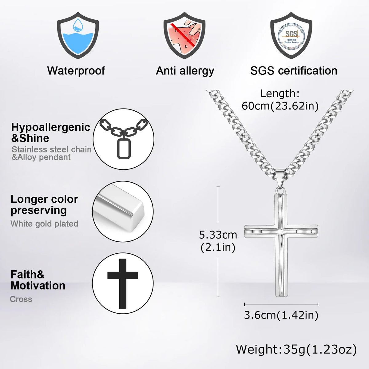 Mens Big Cross Pendant Necklaces, Religous Faith Jewelry, Two Layers Cross Pendant with Cuban Chain, Punk Hiphop Collar  (GoldenCity)