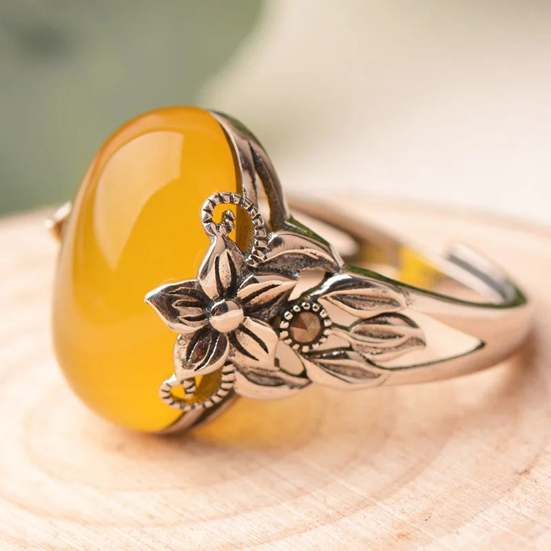 Vintage Jade Egg-shaped Ring Female Index Finger Accessories Temperament Flower Ring Women Jewelry Adjustable  (GoldenCity)