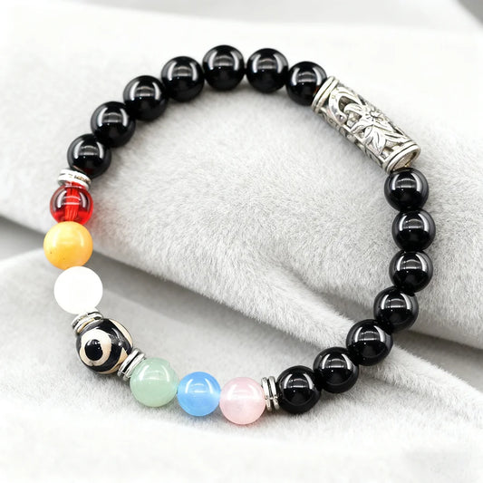 Tibetan Tianzhu Bracelet Colorful Natural Stone Beads Jewelry for Women Classic Black Obsidian Bangle Dispel Evil Spirits Gift  (GoldenCity)