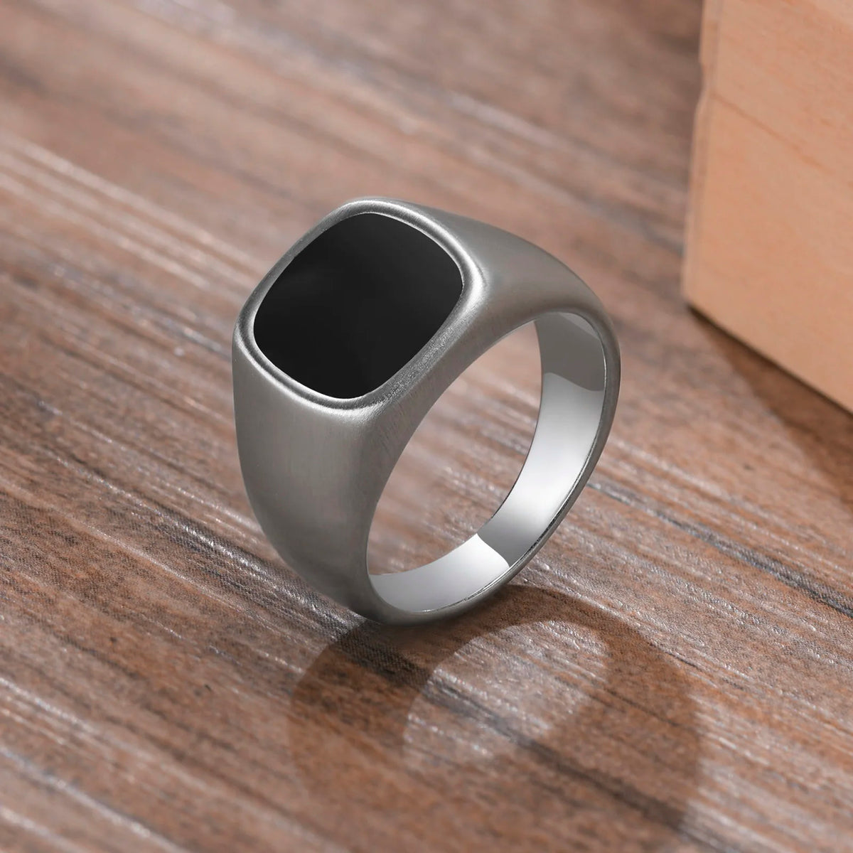 12.5mm Signet Ring for Men, Black Square Top Stainless Steel Finger Band, Gothic Punk Rock Boy Stamp Rings  (GoldenCity)