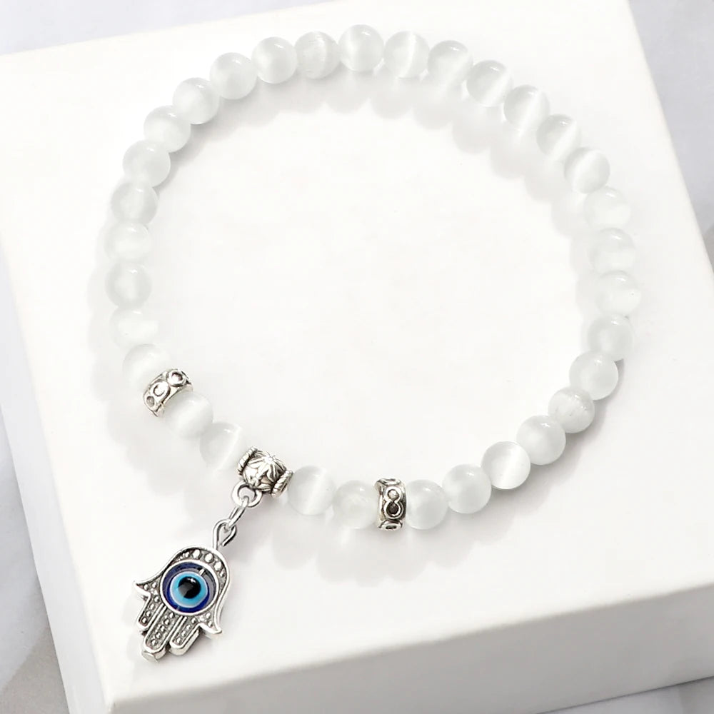 New Charm 6MM White Cat Eye Beaded Bracelet Turkish Evil Eye Butterfly Owl Turtle Pendant Bangles Chain Jewelry Gift for Friend  (GoldenCity)