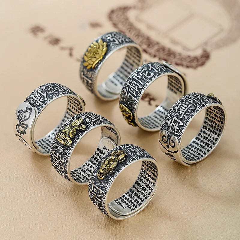 Namo Amitabha Lotus Ring For Men Jewelry Retro Dragon Buddha Buddhist Heart Sutra Ring Male Index Finger Accessories Open Size  (GoldenCity)
