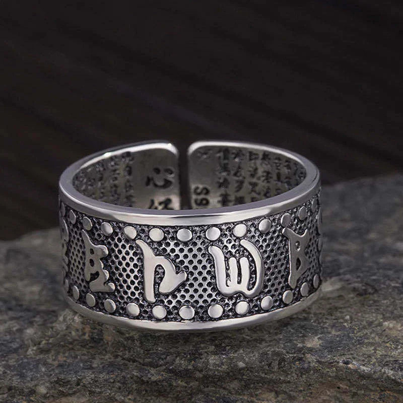 Retro Buddhism Heart Sutra Ring for Men Jewelry Wide Open Ring Male Buddha Mantra Iscripture Index Finger Accessories  (GoldenCity)