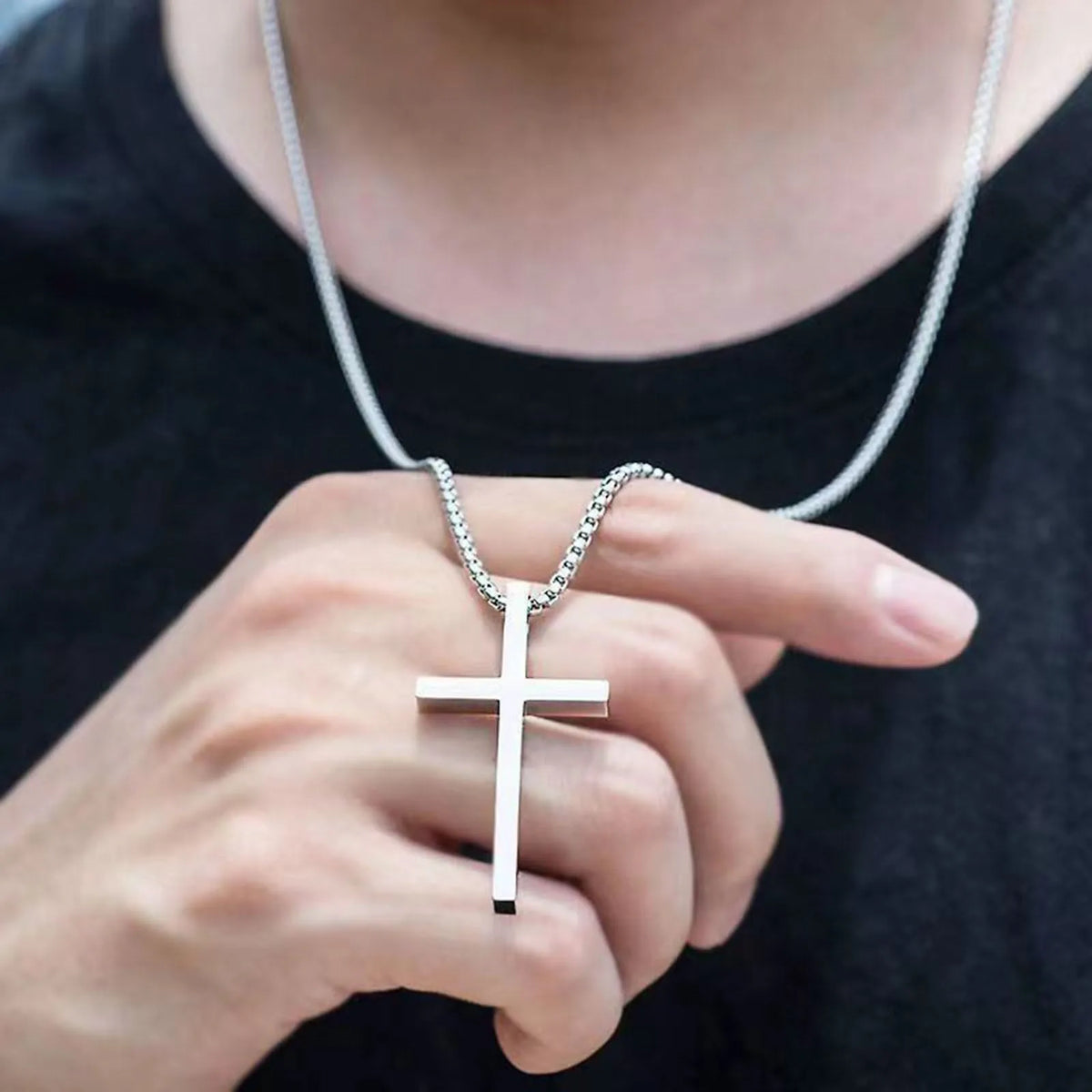 Cross Necklace for Men Women, Silver Color Plain Alloy Metal Cross Pendant Collar with Stainless Steel Box Chain  (GoldenCity)