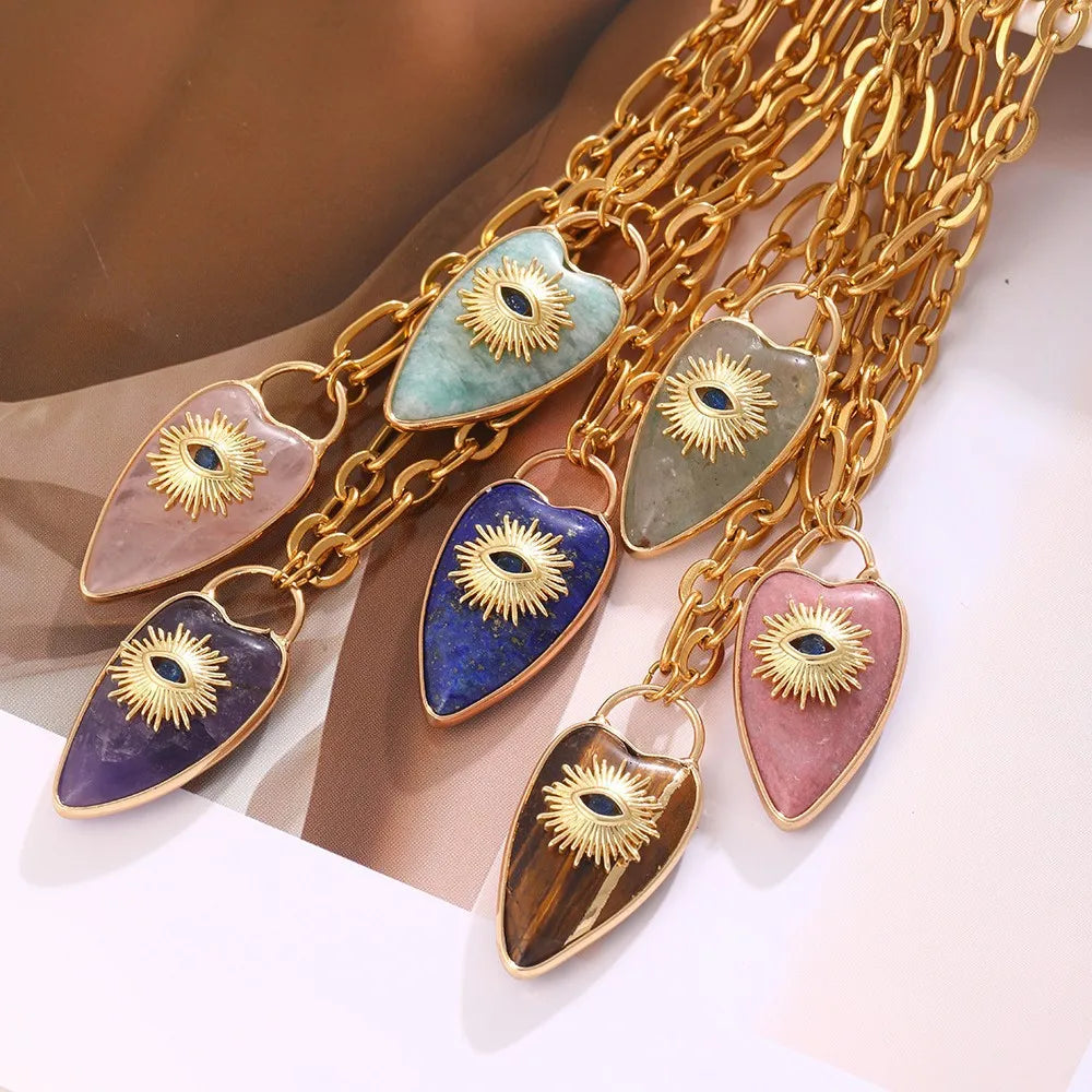 1pc Devil's Eye Heart Natural Stone Pendant Amethyst Pink Crystal Necklace for Women Jewelry Gift  (GoldenCity)