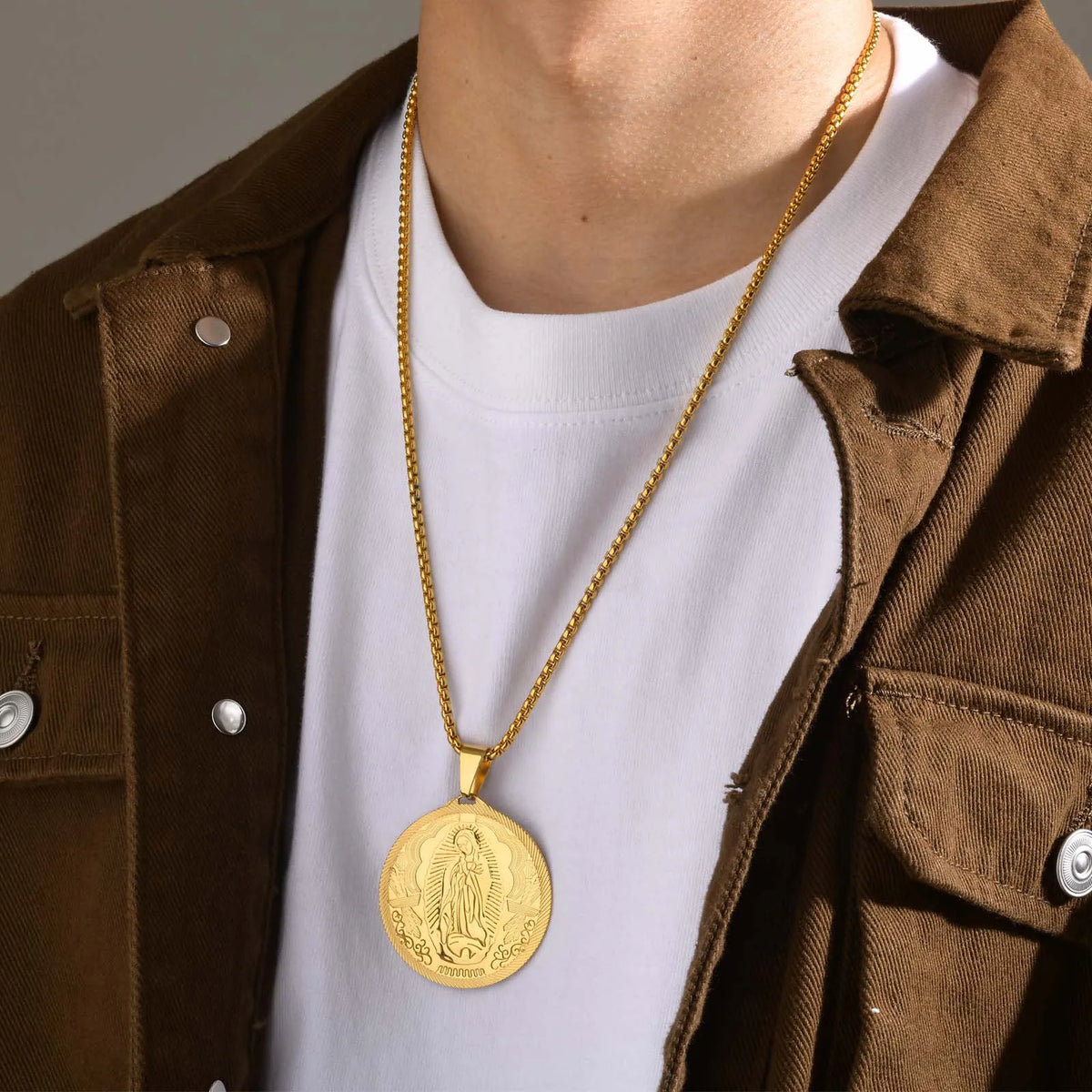 Gold Color Virgin Mary Pendant Necklaces for Men Women,Stainless Steel Metal Mother Mary Collar Religious Gifts Jewelry  (GoldenCity)