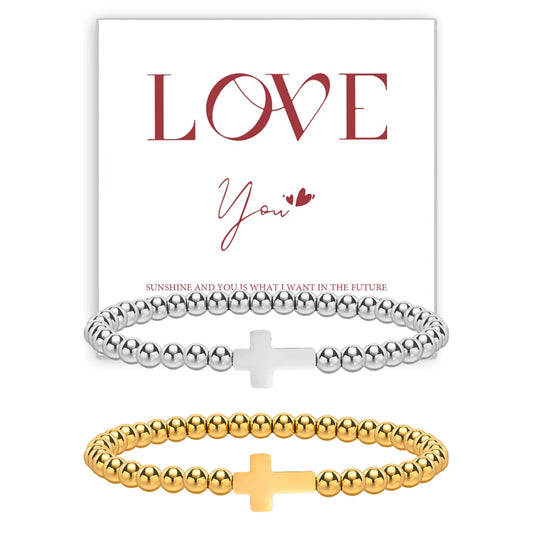 Women Cross Bracelets, Gold Plated Stainless Steel Beads Beaded Bracelets, Fashion Stackable Wristband,Faith Christ Jewelry  (GoldenCity)