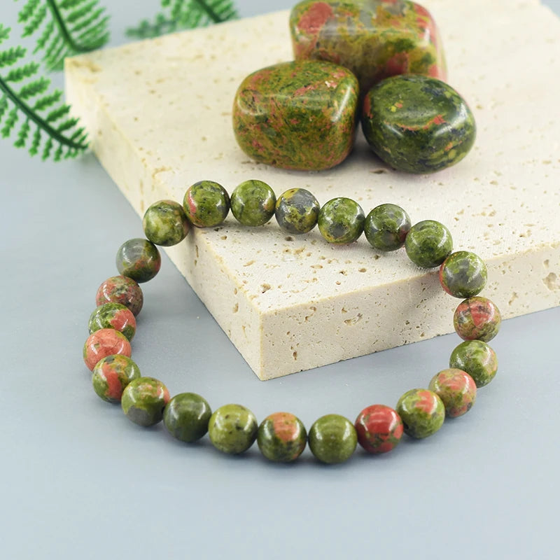Natural Unakite Jasper Stone Real Crystal Quartz Bead Bracelet for Women Men Round Shape Pulsera Wristband Jewelry Birthday Gift  (GoldenCity)