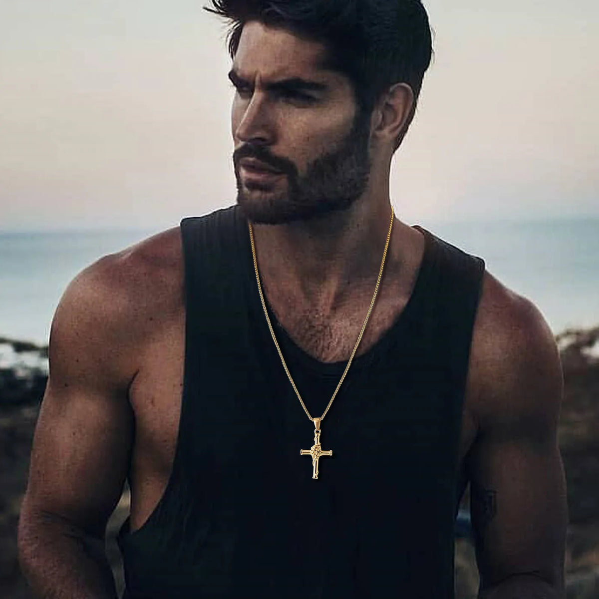 Men Cross Necklace, Stainless Steel Rose Cross Pendant with Box Chain, Unisex Cool Crucifix Jesus Faith Aesthetic Collar  (GoldenCity)