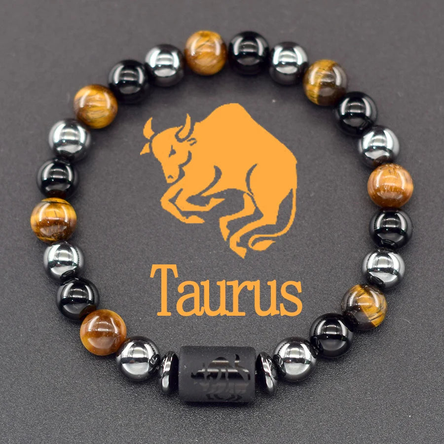 12 Zodiac Sign Bracelet Homme Constellation Bangle Natural Yellow Tiger Eye Stone Hematite Cancer Virgo Leo Libra Bracelet Women  (GoldenCity)