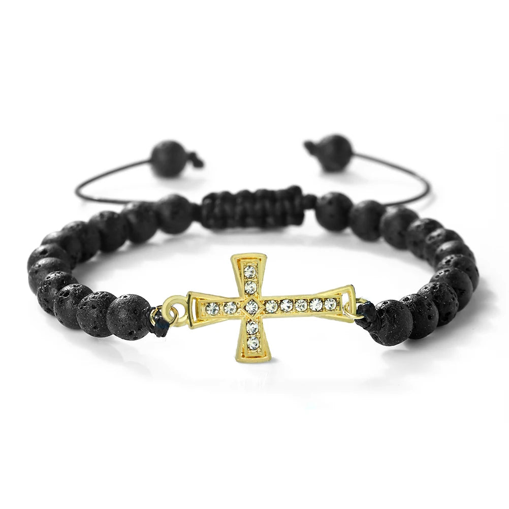 New Charm Jesus Cross Pendant Braided Bracelet 6mm Black Matte Malachite Couple Bracelet Women Men Healing Jewelry Gift  (GoldenCity)
